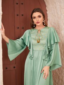Al Najma Tie Front Ruffle Hem Fringe Detail Dress - Mint Green - View 5