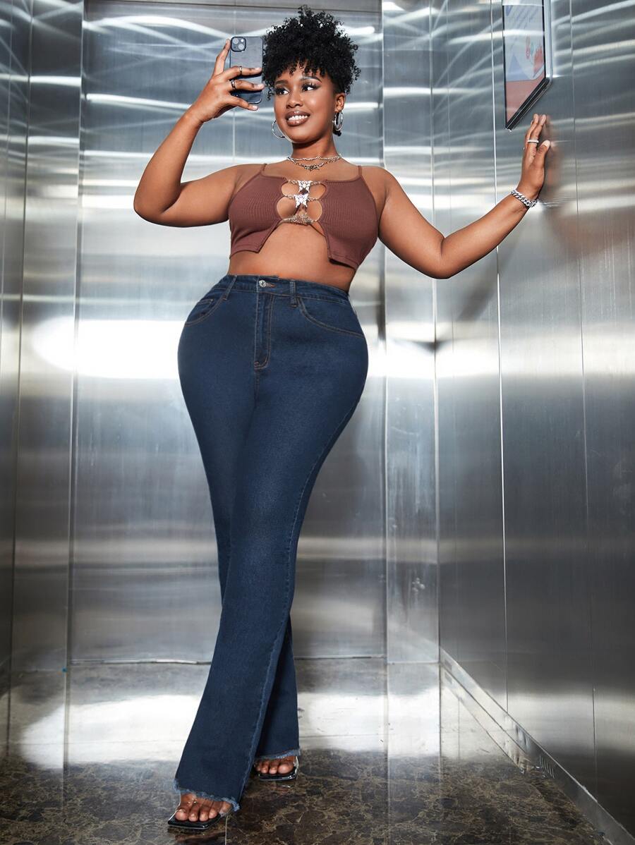 SHEIN SXY Plus High Waist Flare Leg Jeans - Dark Wash - View 1