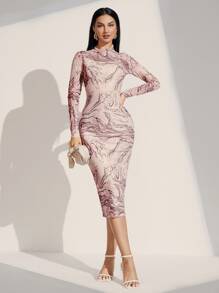 Modelyn Vestido con estampado de mármol cuello alzado - Multicolor - Ver 1