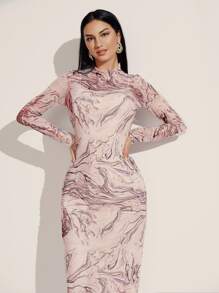 Modelyn Vestido con estampado de mármol cuello alzado - Multicolor - Ver 5