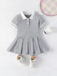 Baby Girl Striped Trim Polo Neck Fold Pleated Dress - Light Grey - View 1