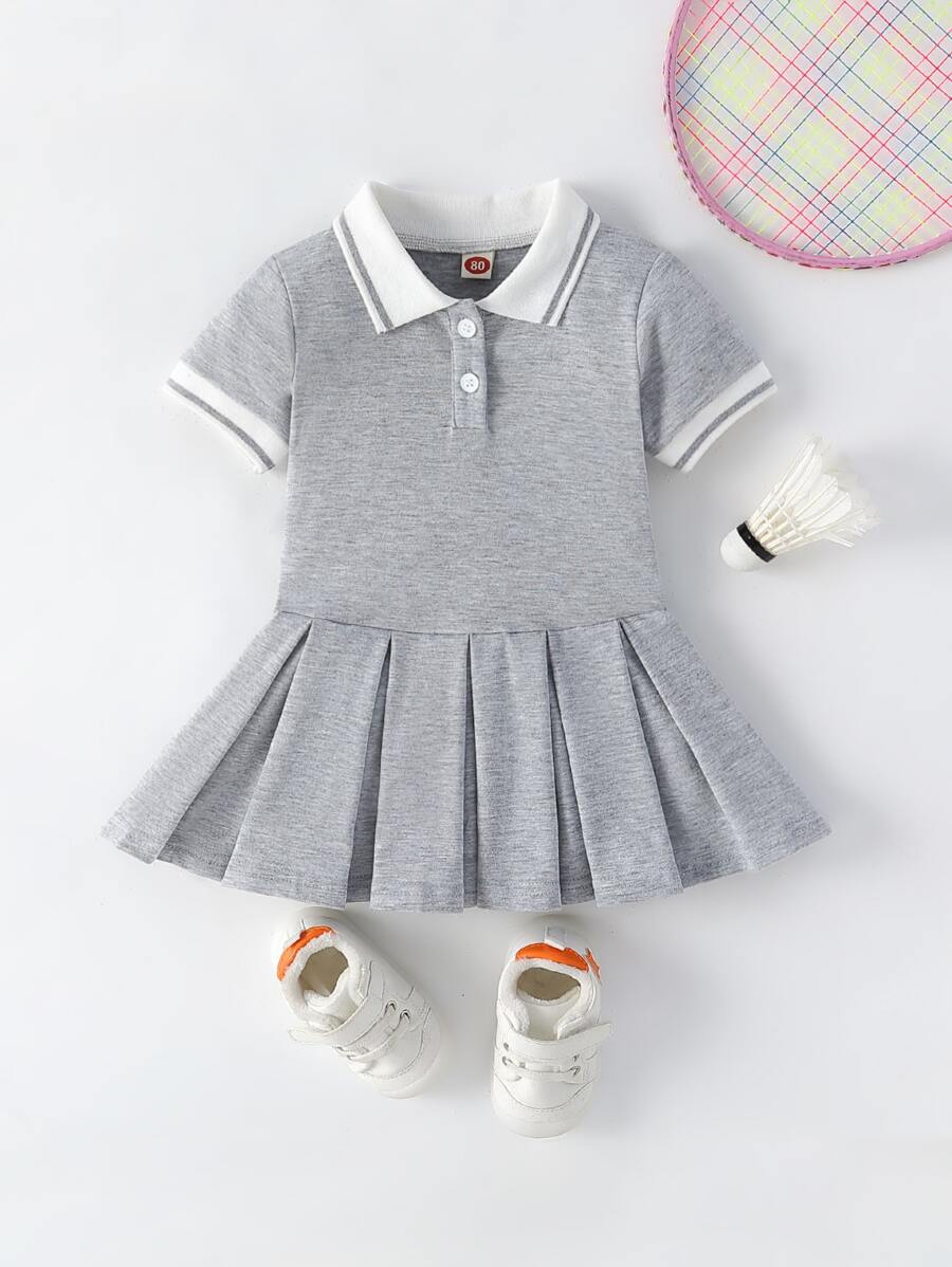Baby Girl Striped Trim Polo Neck Fold Pleated Dress - Light Grey - View 1