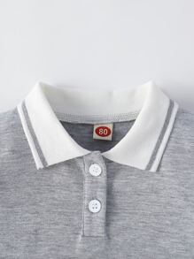 Baby Girl Striped Trim Polo Neck Fold Pleated Dress - Light Grey - View 5