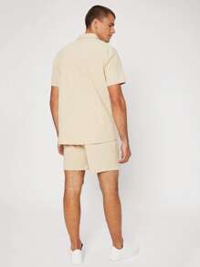 Manfinity VCAY Men Cotton Solid Lapel Collar Shirt And Shorts Set - Khaki - View 2