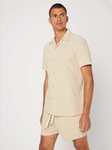 Manfinity VCAY Men Cotton Solid Lapel Collar Shirt And Shorts Set - Khaki - View 5