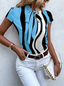SHEIN Clasi Block Striped Tie Neck Blouse - Multicolor - View 3