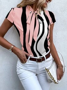 SHEIN LUNE Block Striped Tie Neck Blouse - Multicolor - View 3
