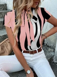 SHEIN LUNE Block Striped Tie Neck Blouse - Multicolor - View 5