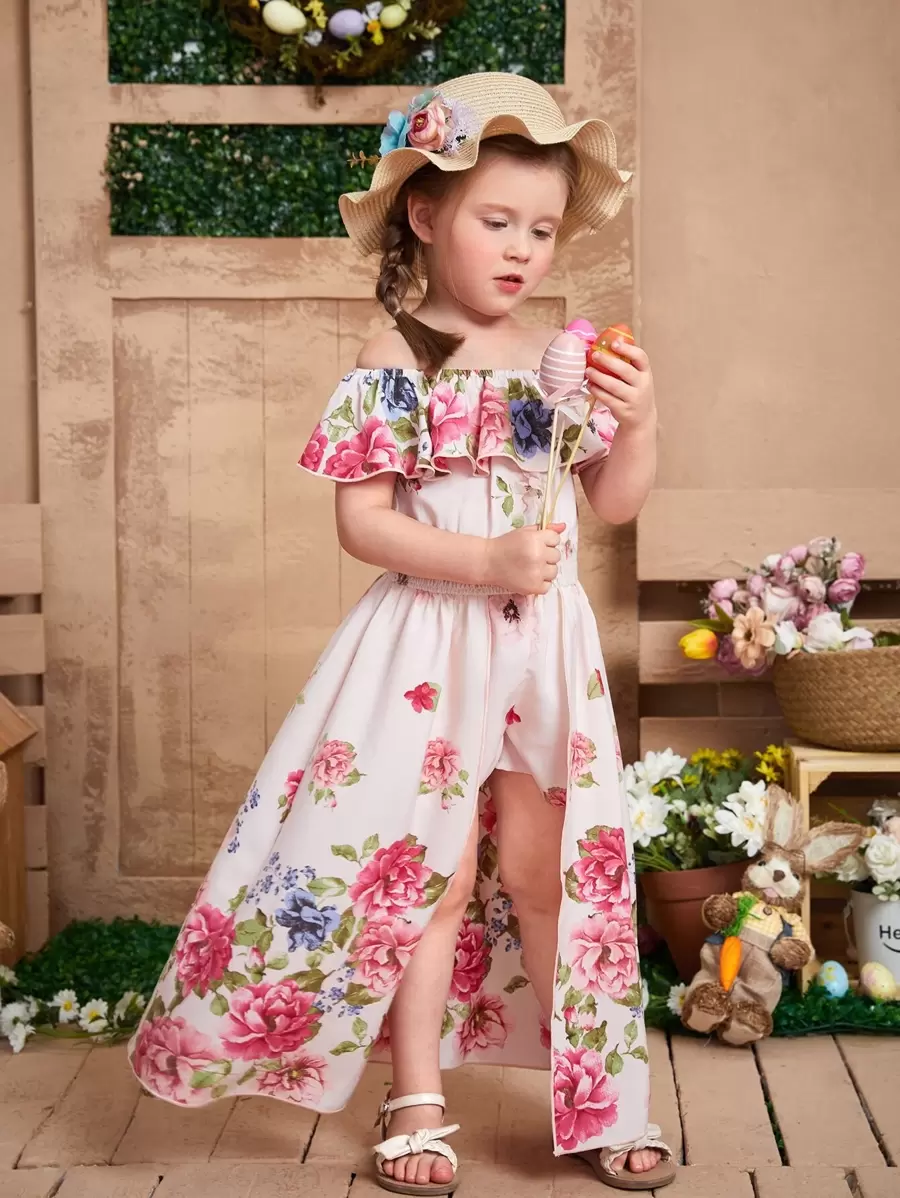 SHEIN Young Girl Toddler Girls Floral Print Off Shoulder Ruffle Trim Overlay Romper - Multicolor - View 1