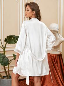 2 件套蕾丝拼接系带缎面睡袍睡衣套装白色套装，秋季服装