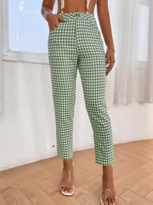 SHEIN PETITE Gingham Slant Pocket Trousers - Green - View 3