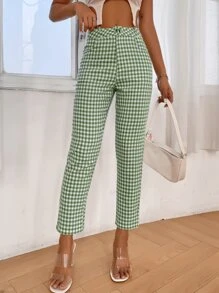 SHEIN PETITE Gingham Slant Pocket Trousers - Green - View 5