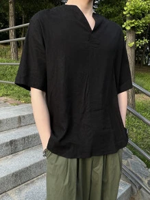 DAZY Men Solid Notched Neck Shirt - Black - View 5