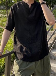 DAZY Men Solid Notched Neck Shirt - Black - View 8