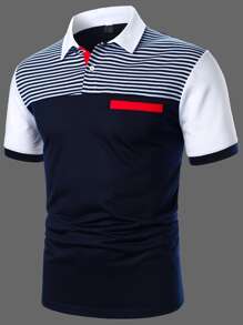 Manfinity Homme Men Colourblock Striped Polo Shirt - Navy Blue - View 1