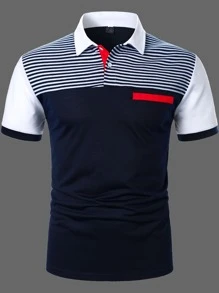 Manfinity Homme Men Colourblock Striped Polo Shirt - Navy Blue - View 3