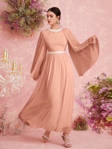 Modelyn 鎖眼領口斗篷袖連衣裙 - 珊瑚粉 - 查看 5