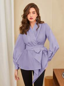 Modelyn Asymmetrical Hem Belted Blouse - Mauve Purple - View 1