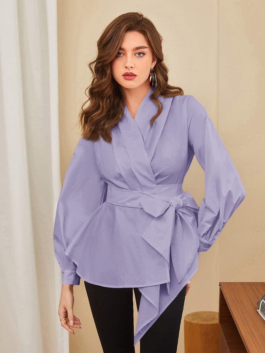 Modelyn Asymmetrical Hem Belted Blouse - Mauve Purple - View 1