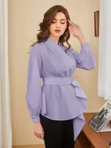 Modelyn Asymmetrical Hem Belted Blouse - Mauve Purple - View 3