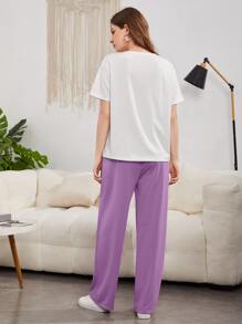 Seusyu Slogan Graphic Drop Shoulder Tee & Wide Leg Trousers - Multicolor - View 2