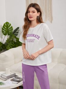 Seusyu Slogan Graphic Drop Shoulder Tee & Wide Leg Trousers - Multicolor - View 3