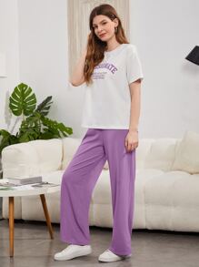 Seusyu Slogan Graphic Drop Shoulder Tee & Wide Leg Trousers - Multicolor - View 4
