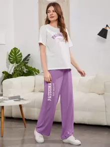 Seusyu Slogan Graphic Drop Shoulder Tee & Wide Leg Trousers - Multicolor - View 5
