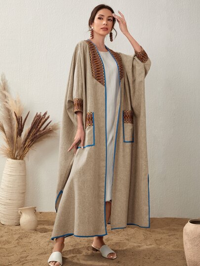 Al Najma Open Front Colorblock Geo Embroidery Dual Pocket Long Batwing Sleeve Modest Arabian Abaya