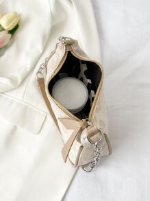 Floral Printed Shoulder Bag Floral Shaped Chain Underarm Bag Versatile PU Leather Women's Bag Jacquard Chain Decor Bag Jacquard Chain Decor Bag - Khaki - View 4