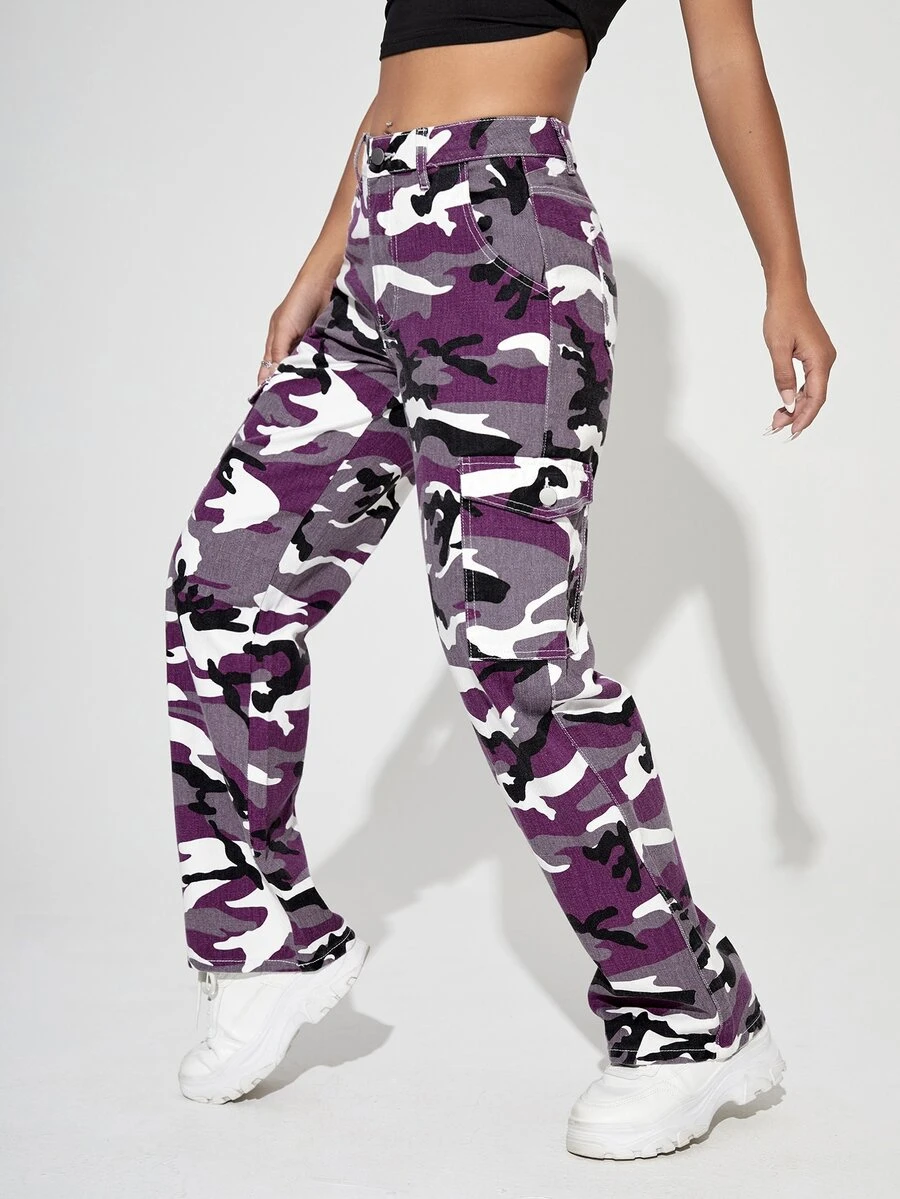 SHEIN PETITE Camo Print Flap Pocket Cargo Jeans - Multicolor - View 1