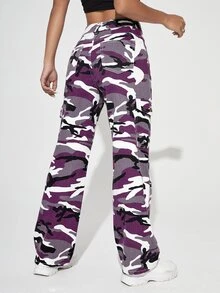 SHEIN PETITE Camo Print Flap Pocket Cargo Jeans - Multicolor - View 2