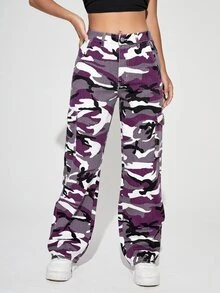 SHEIN PETITE Camo Print Flap Pocket Cargo Jeans - Multicolor - View 3