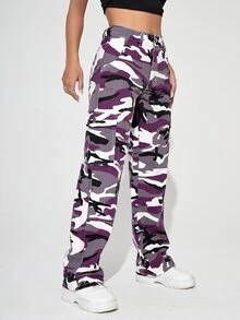 SHEIN PETITE Camo Print Flap Pocket Cargo Jeans - Multicolor - View 4