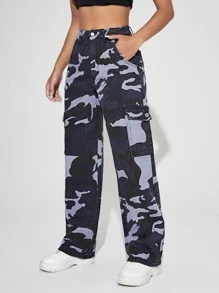 SHEIN PETITE Camo Print Flap Pocket Cargo Jeans - Multicolor - View 1