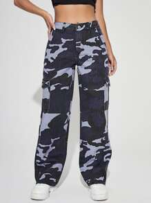 SHEIN PETITE Camo Print Flap Pocket Cargo Jeans - Multicolor - View 4