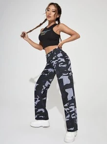 SHEIN PETITE Camo Print Flap Pocket Cargo Jeans - Multicolor - View 5