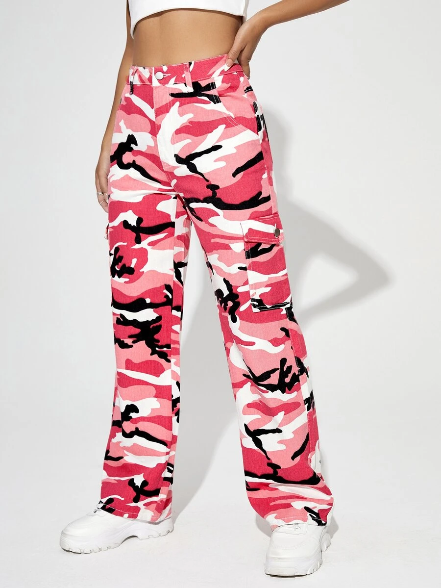 SHEIN PETITE Camo Print Flap Pocket Cargo Jeans - Multicolor - View 1