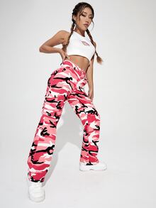 SHEIN PETITE Camo Print Flap Pocket Cargo Jeans - Multicolor - View 3