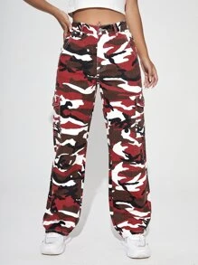SHEIN PETITE Camo Print Flap Pocket Cargo Jeans - Multicolor - View 1