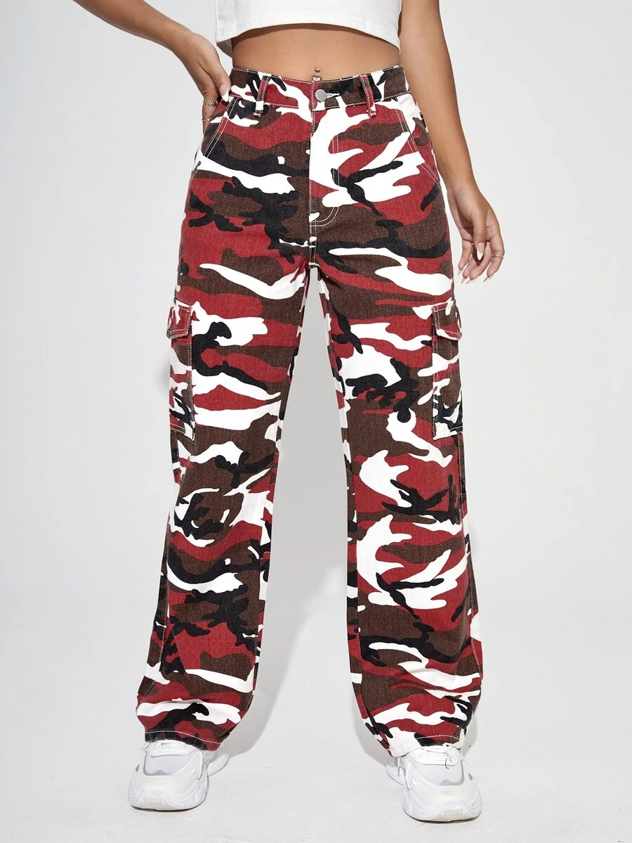 SHEIN PETITE Camo Print Flap Pocket Cargo Jeans - Multicolor - View 1