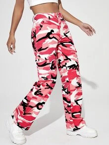SHEIN PETITE Camo Print Flap Pocket Cargo Jeans - Multicolor - View 4
