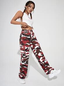 SHEIN PETITE Camo Print Flap Pocket Cargo Jeans - Multicolor - View 4