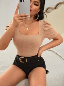 SHEIN Privé Solid Puff Sleeve Tee - Apricot - View 3