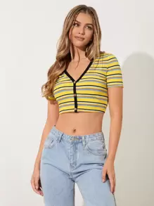 Camiseta corta de rayas con botón delantero tejido de canalé - Multicolor - Ver 1