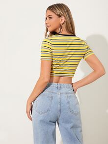 Camiseta corta de rayas con botón delantero tejido de canalé - Multicolor - Ver 2