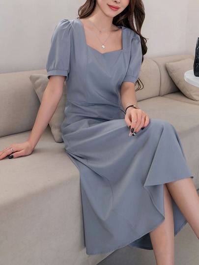 DAZY スクエアネック パフスリーブ A字ラインドレス | SHEIN JAPAN