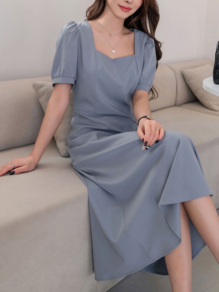 美ライン韓国ドレス＊スクエアネック✖️パフスリーブワッフルドレスpkS 美ライン韓国ドレス＊スクエアネック✖️パフスリーブワッフル