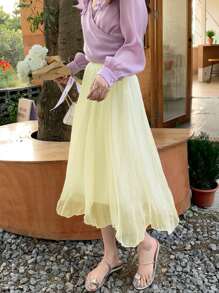 Solid Layer Mesh Midi Skirt - Yellow - View 1