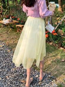 Solid Layer Mesh Midi Skirt - Yellow - View 2